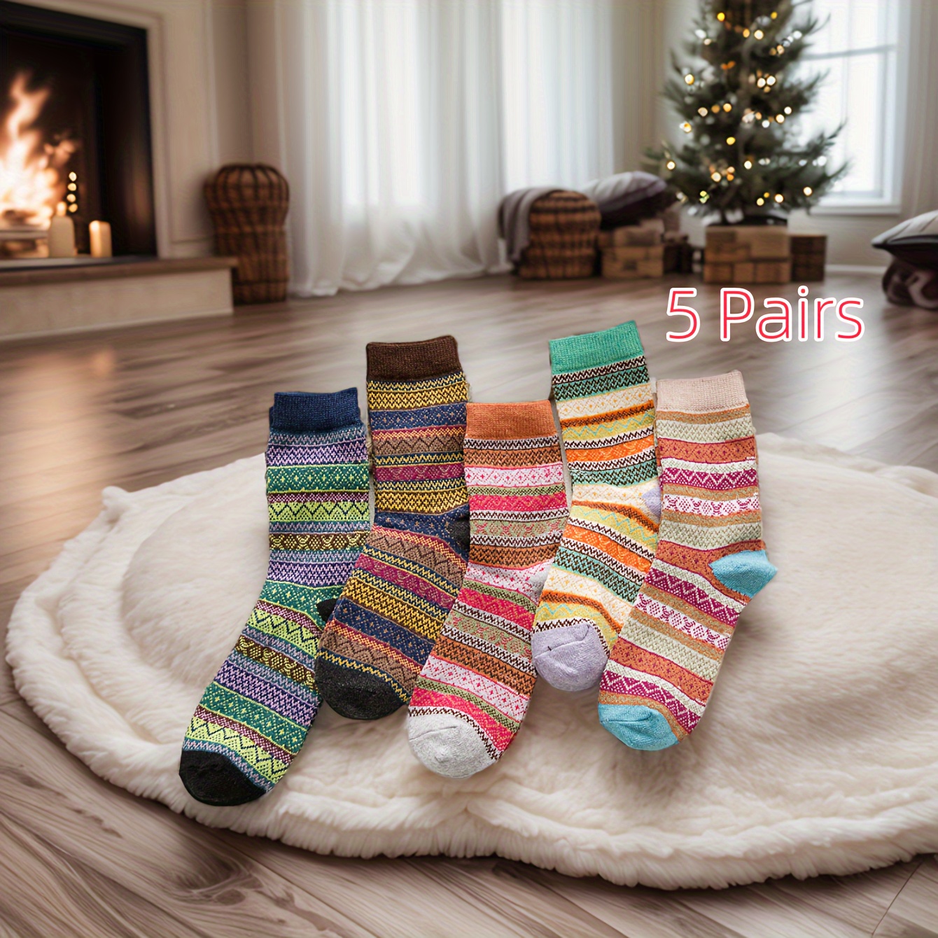 

5 Pairs Checkered Wool Socks For Men And Women - Vintage Warm And Comfortable Autumn And Winter, Machine Washable, Autumn And Winter Halloween And Christmas Warm Matching