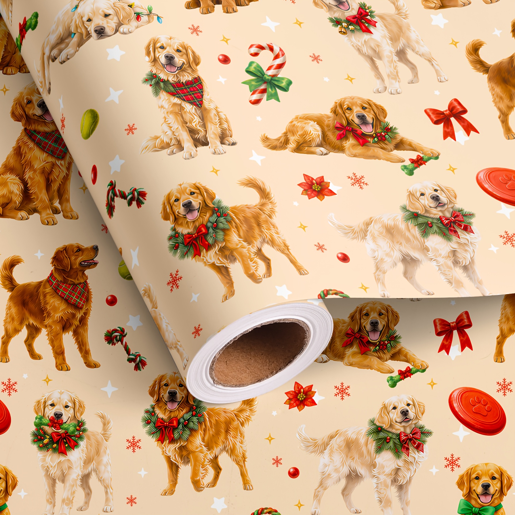 TEMU 1 Rouleau de Golden Retriever pour Noël, Emballage de Cadeaux de Fêtes avec de Couronne Golden Retriever, Nœud en et Poinsettia - Rouleau pour