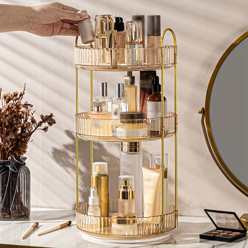 

Luxury 3-tier Rotating Vanity Organizer Rack, Freestanding Plastic Bathroom Shelf For Cosmetics, Perfumes, Skincare - Storage For Bathroom, Kitchen Countertop