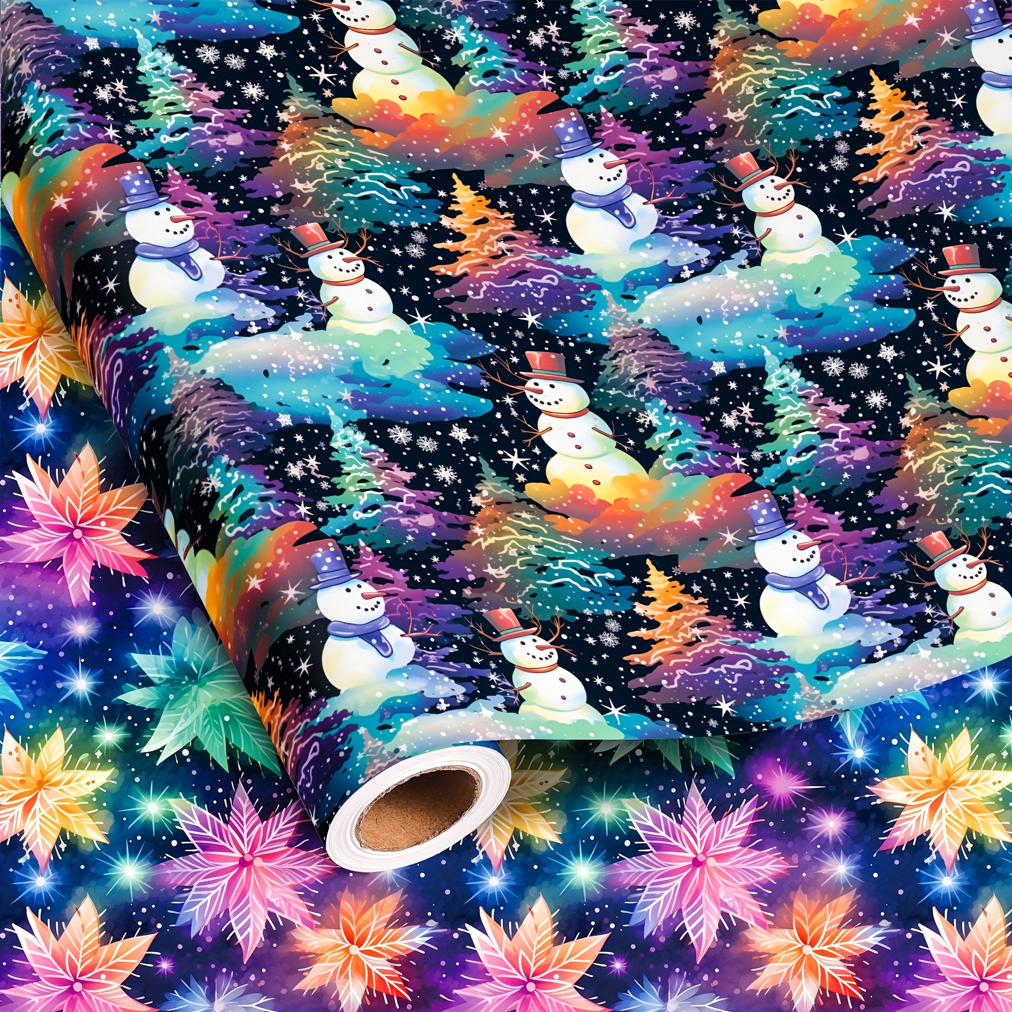 Image of 1 Roll Set Of Christmas Wrapping Paper Sheets - 6pcs Double-sided Multicolored Xmas Wrapping Paper - Christmas Tree, Snowflake And Snowman Design Gift Wrap For Holiday Party Decorations, Total 28.5