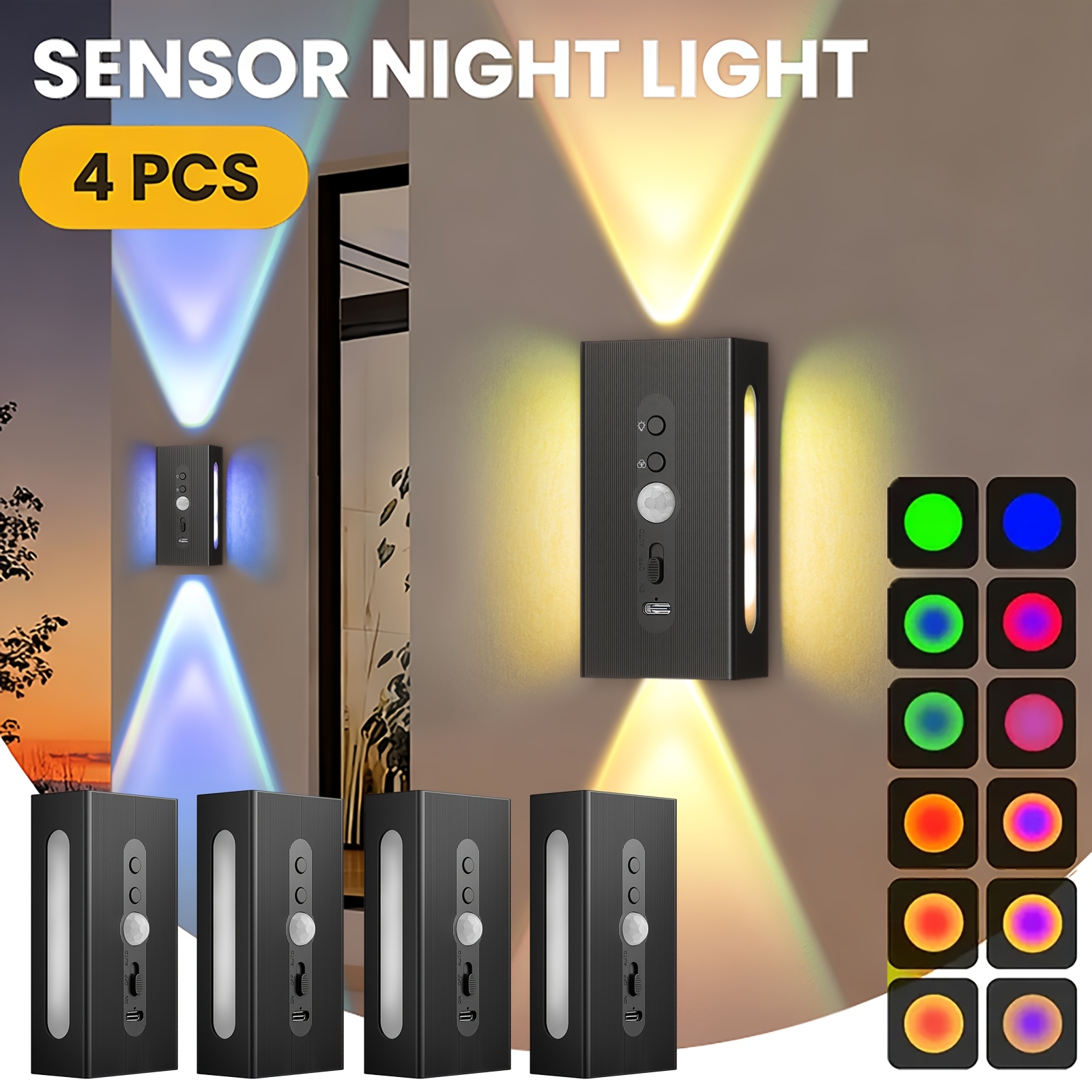 E-shop 4/2/1 Stück LED Smart Wandlampe mit 2 Seitenlichtern, PIR-Bewegungssensor, insgesamt 64 Beleuchtungseffekte, 360° drehbar, magnetisch, dimmbar,