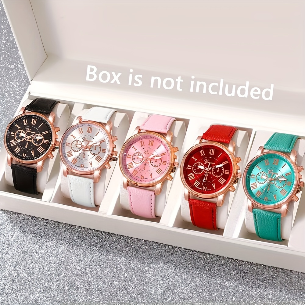 TEMU 5pcs Stylish Minimalist Men's Quartz Watches Set, Fashion Casual Leather Straps, Round Alloy Case, Unique Design, Perfect Gift For Birthdays, Christmas, Back To