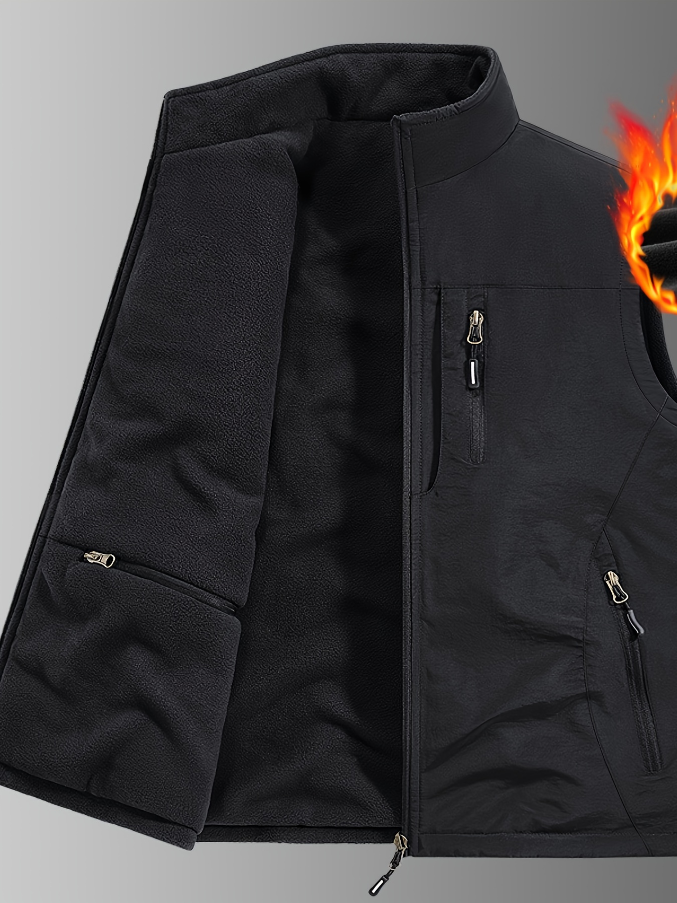 mens thickened fleece lined casual vest with multiple pockets black zip up stand collar loose fit for outdoor activities hiking fishing autumn winter wear outdoor gear zippered vest functional pockets mens vests fishing vest hiking vest vest for men Product details 1