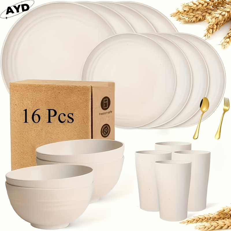 TEMU 32pcs/16pcs Wheat Straw Large Size Dinnerware Set, Pair With 2 Golden Tableware, Service For 8/4 People, Lightweight , Unbreakable Modern Dish