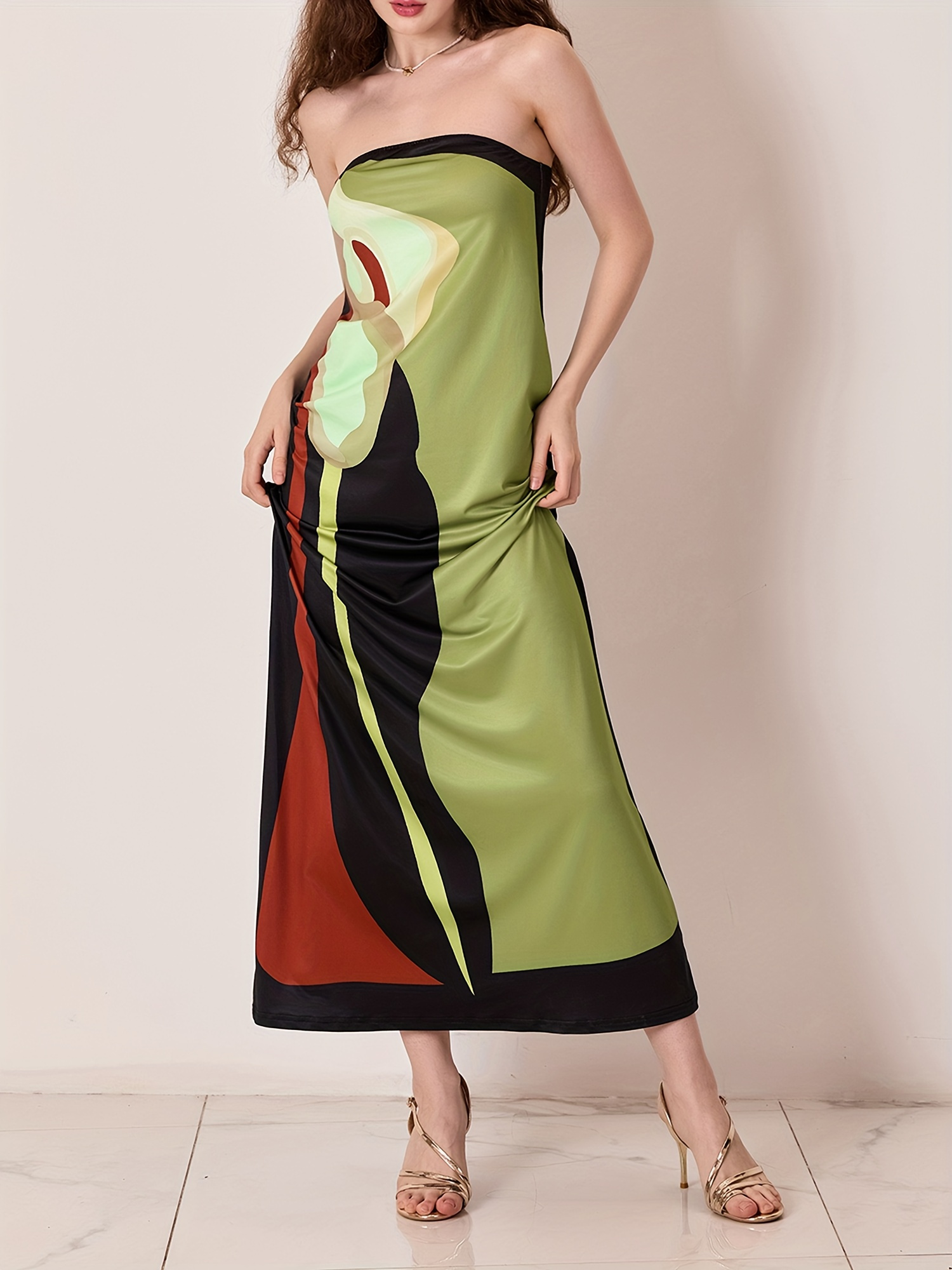 women strapless maxi long dress sleeveless abstract print - Temu