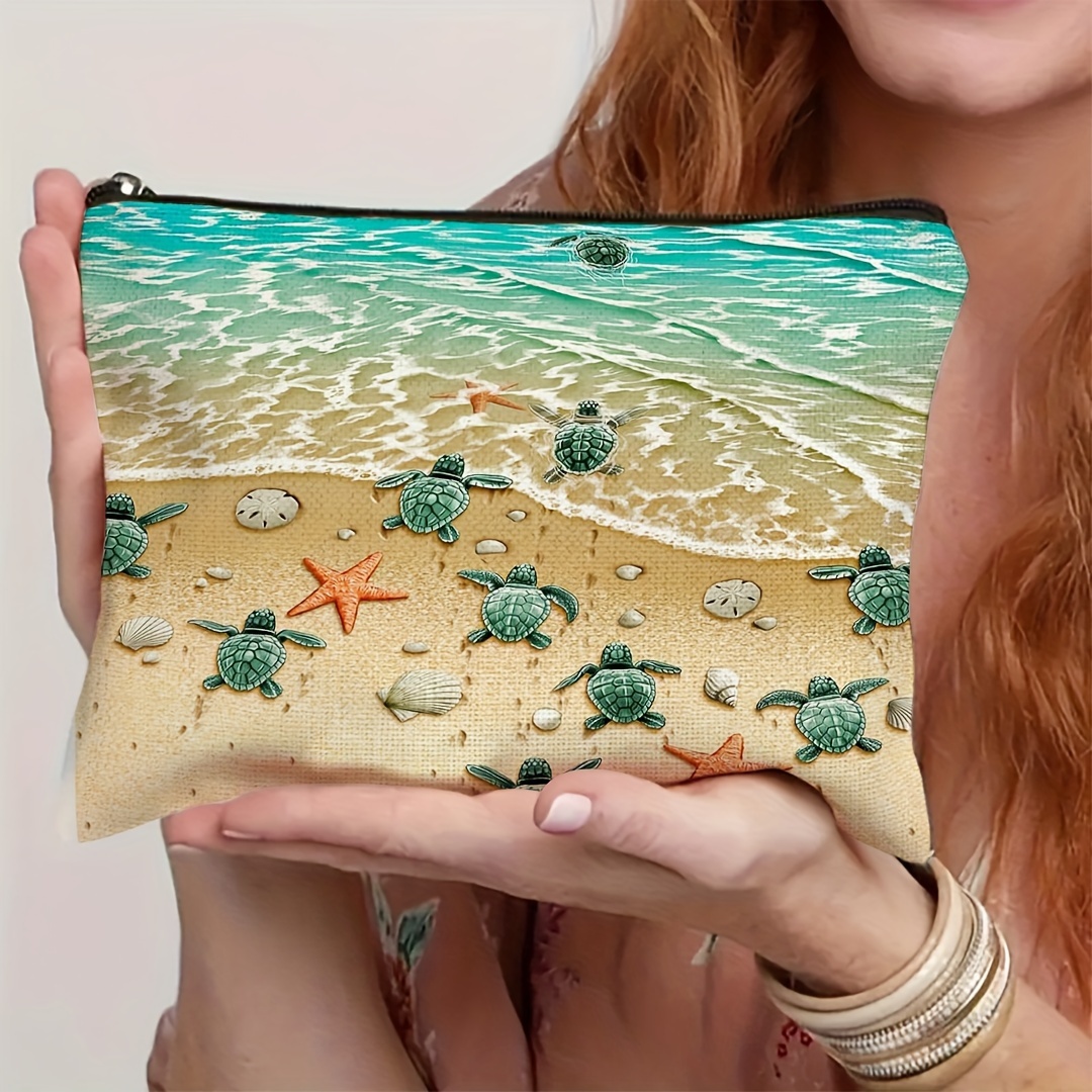 

Ocean-inspired Makeup Bag With Turtle & Star Design - Spacious Cosmetic Pouch For Travel, Vacation, Business, Fitness, Camping | Durable Polyester, Non-waterproof Cosmetic Bag Large Cosmetic Bag