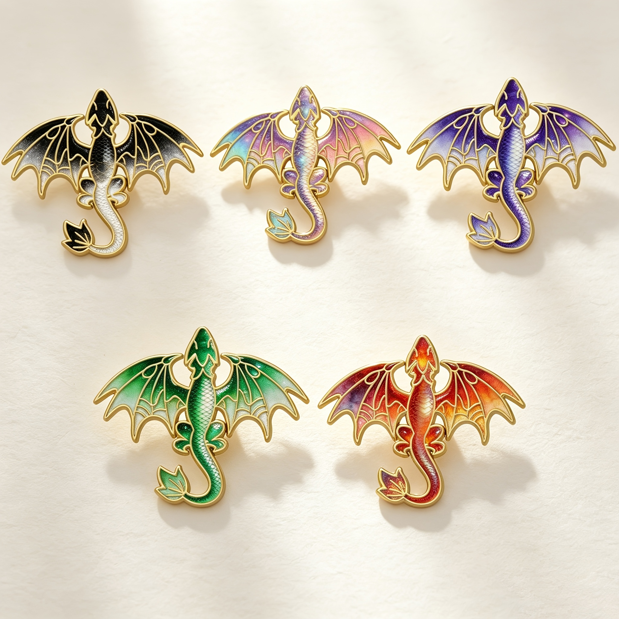 Image of 5pcs Iridescent Flying Dragon Enamel Pin Set, Trendy And Gradient Dragon-shaped Brooch, Suitable For Denim Jackets And Backpacks, An Ideal Gift For Dragon Enthusiasts