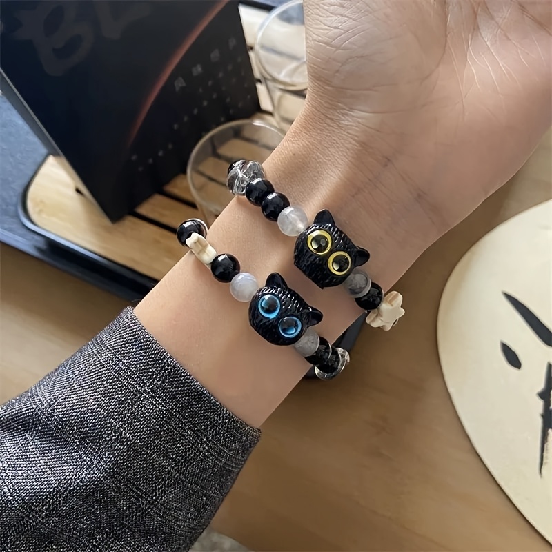 Charming Cat with Golden Star Eyes Bracelet Vintage Ceramic