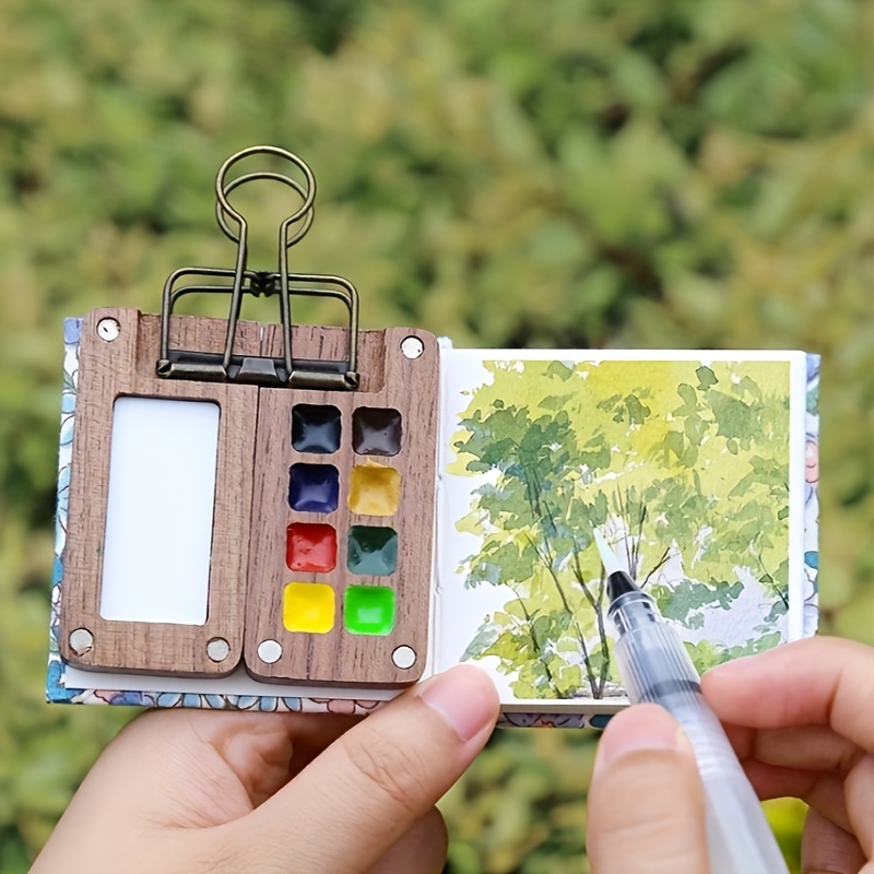 mini travel watercolor palette   this kit   a 8 unit portable wooden palette a 12 color paint box a portable outdoor sketch palette a wooden grid box
