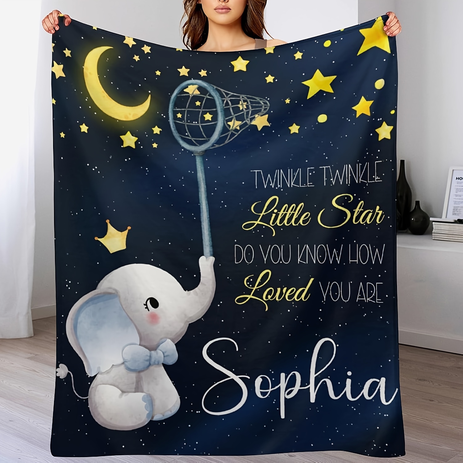 

Customizable Elephant & Stars Flannel Throw Blanket - Soft, Cozy, Gift For Valentine's Day, Birthdays, And More - Couch, Office, Outdoor Camping, Beach, Pet, Holiday