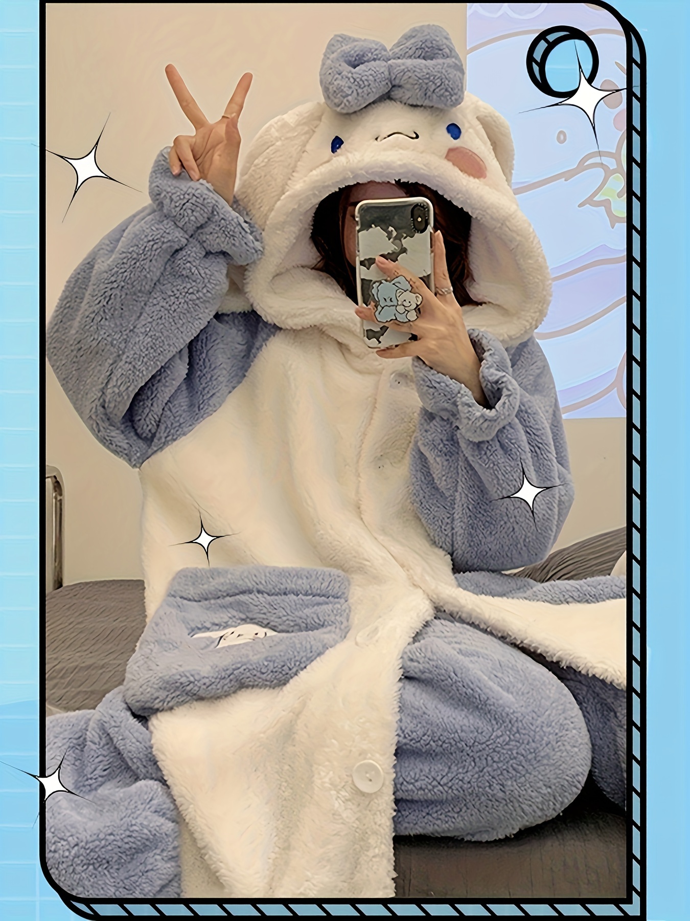 Sanrio Hello Kitty Cinnamoroll My Melody Kuromi Women's Cute Cartoon Long Nightgown, Warm Plush Pajamas, Novelty Cartoon Home Clothes, Comfortable Pajamas With Hood And Ears For Autumn And Winter, Pants Not Included