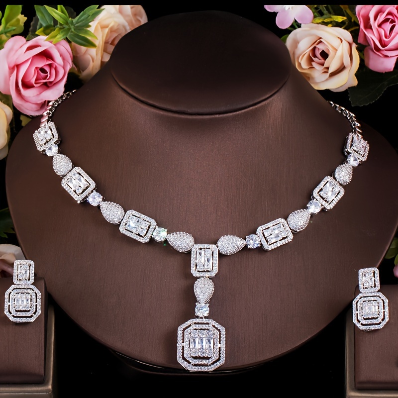 Golden Waterdrop & Rectangle Dangle Pendant Necklace Earrings Set