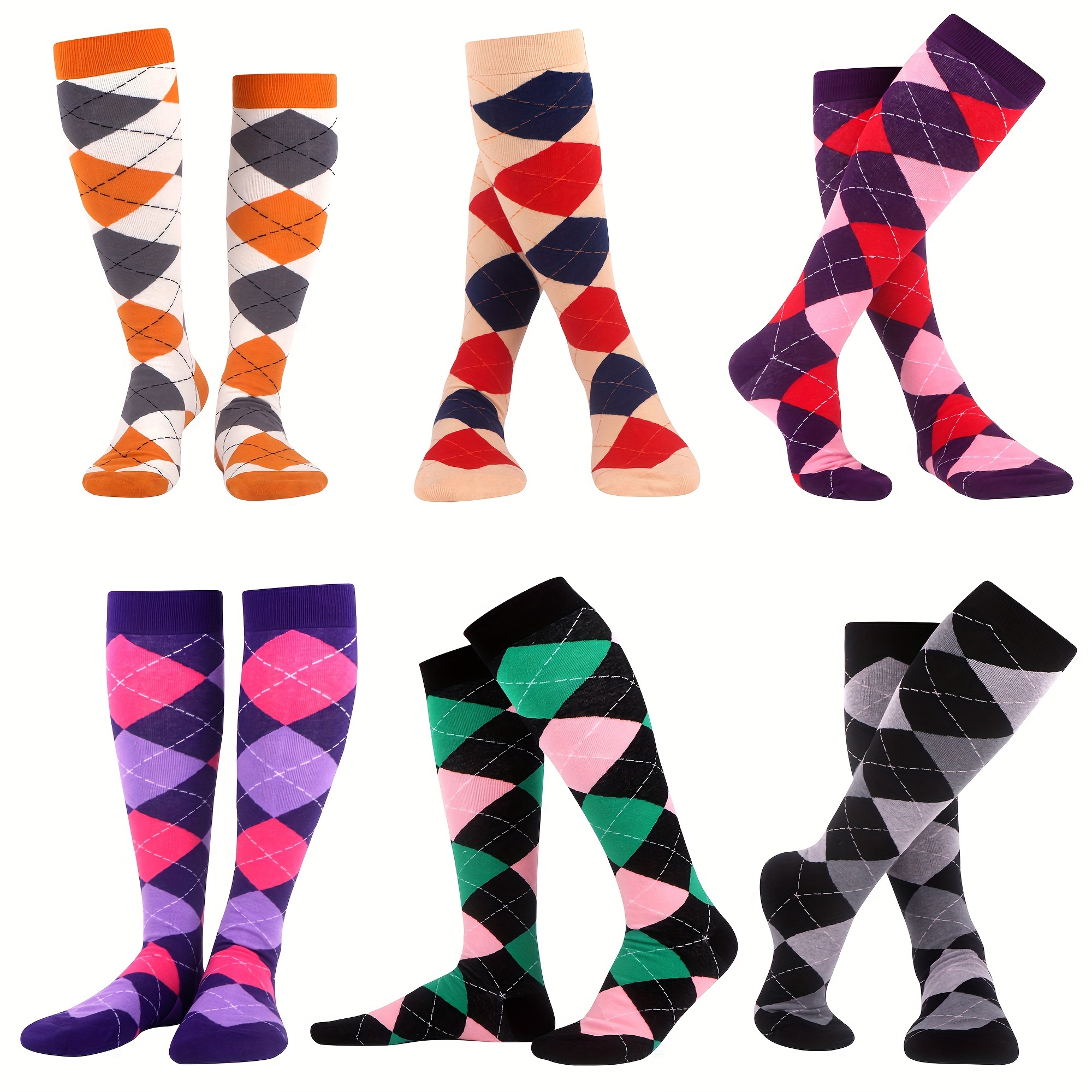 

6 Pairs Argyle Pattern Calf Socks, College Style Novelty Seamless Knee High Socks, Women's Stockings & Hosiery - Fall & Winter