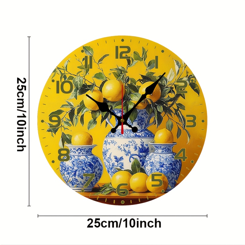TEMU Forjn 10-inch Modern Round Wall Clock With Porcelain Lemon Backdrop - Silent Sweep Movement Suitable For Living Room, Bedroom, Outdoor Decor,