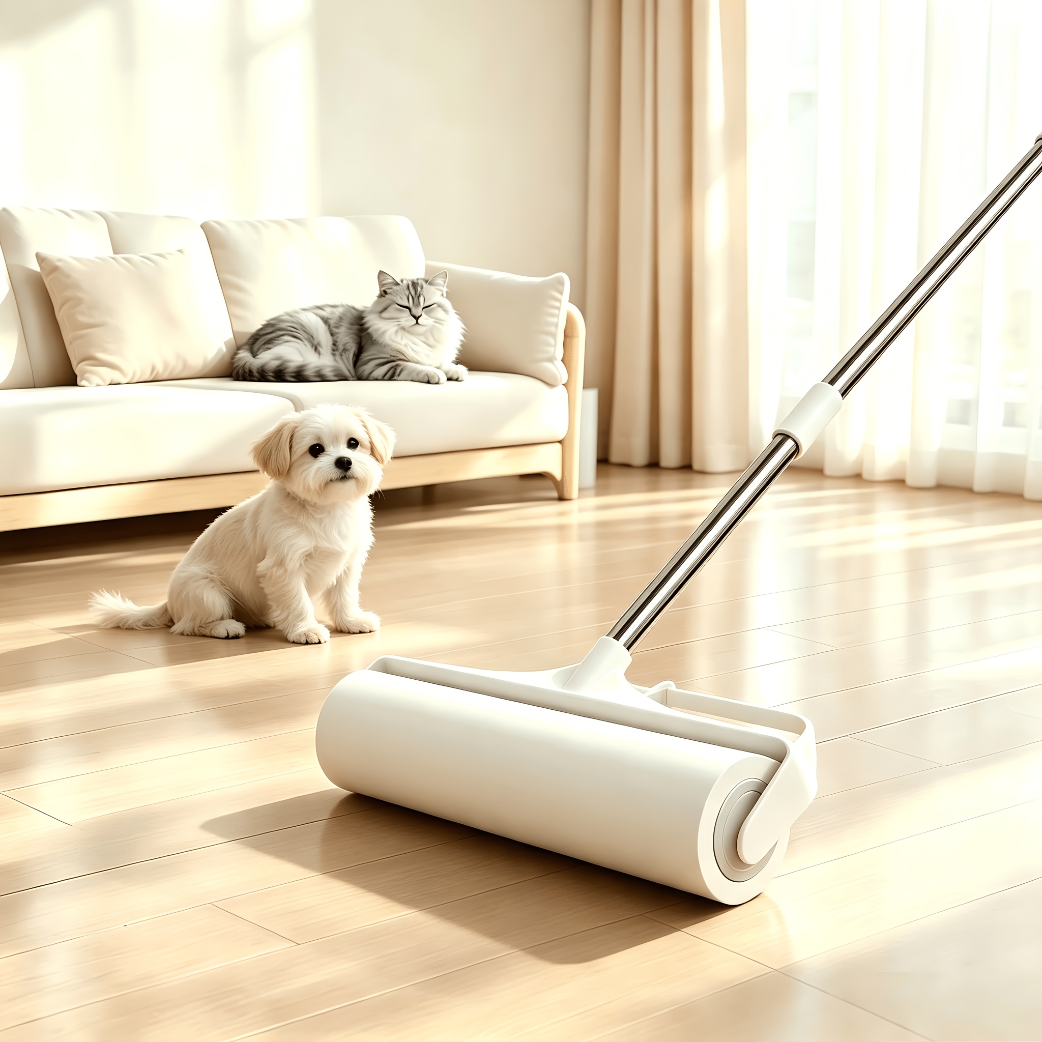 TEMU 4pcs Pet Hair Removal Cleaning Set- 3 Rolls Paper And Extendable Mop Brush For Floor Sofa Carpet