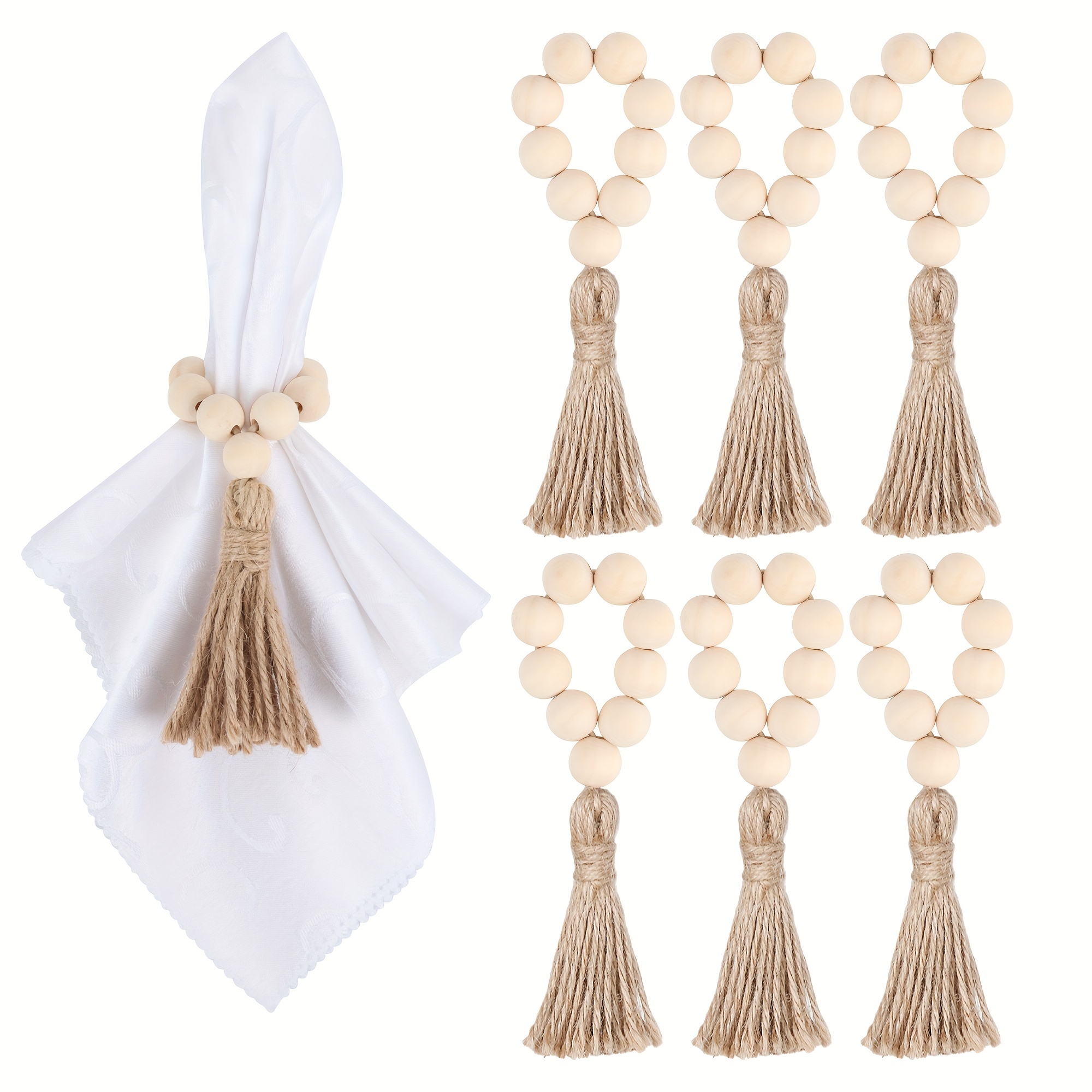6pcs Wooden Bead Napkin Rings, Farmhouse Stretchable Napkin Rings With Tassel Boho Napkin Rings For Dining Table, Wedding Decoration, Christmas Decor