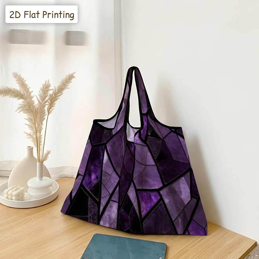 TEMU 1pc Foldable Tote Bag Suitable For Beach, Grocery, School & Work - Abstract Purple Geometric Mosaic Design Reusable Handbag With Hot Transfer