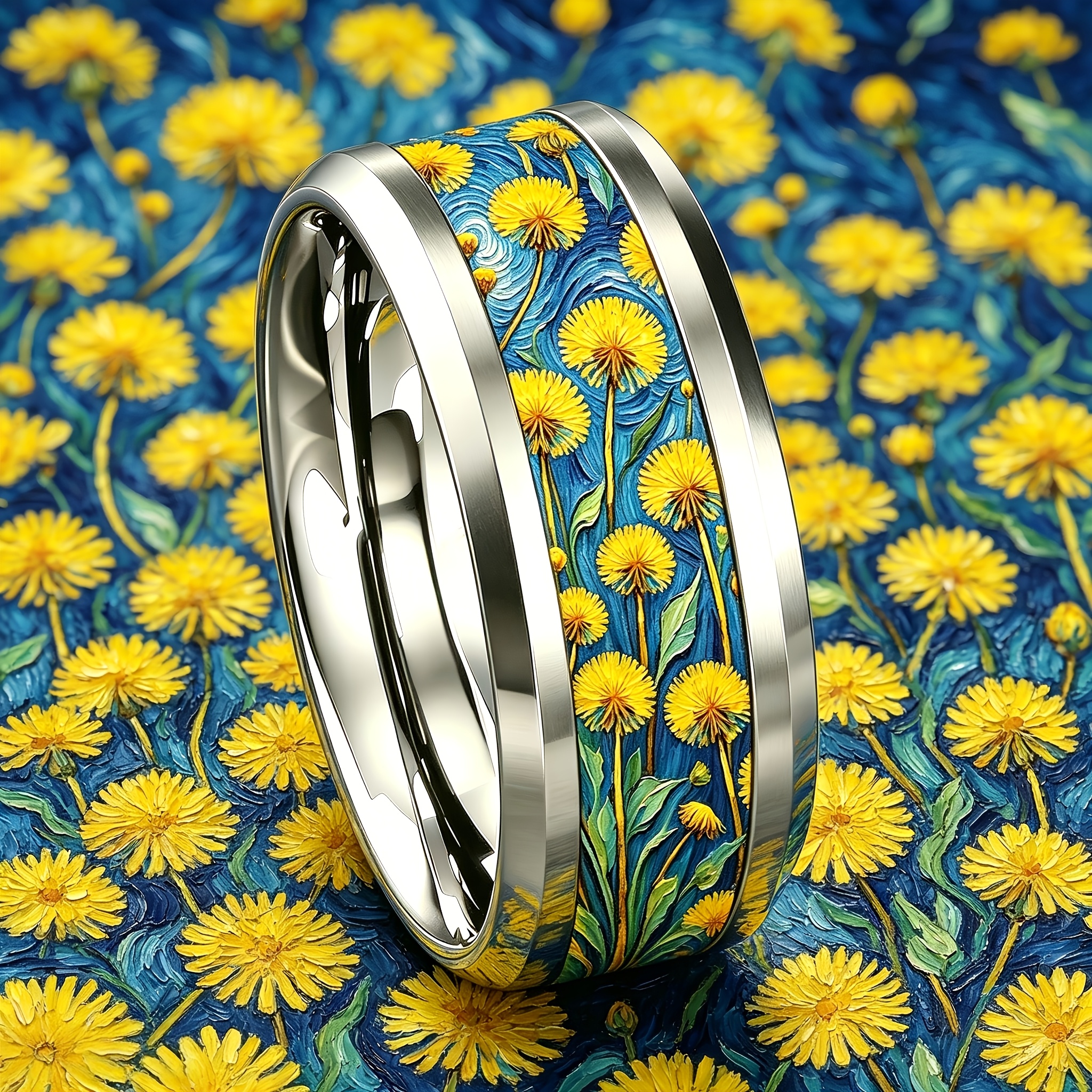 Van Gogh Style Starry Night Dandelion Stainless Steel Ring