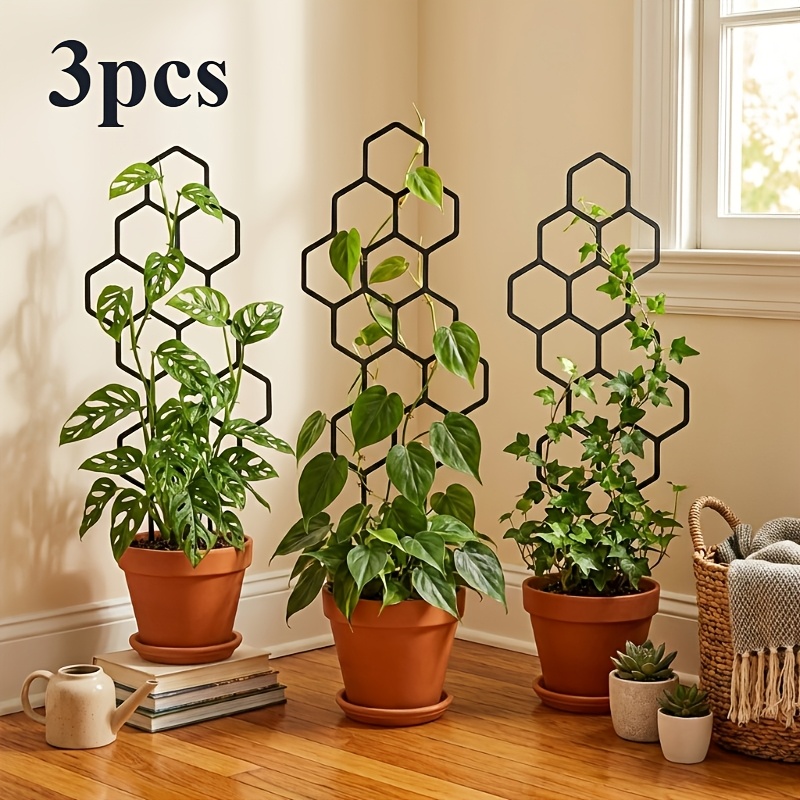 a set of 3pcs measuring 14 96 inches x 5 91 inches is designed as a honeycomb shaped climbing plant support frame made of rust proof plastic rods   very suitable for potted vines and flowers