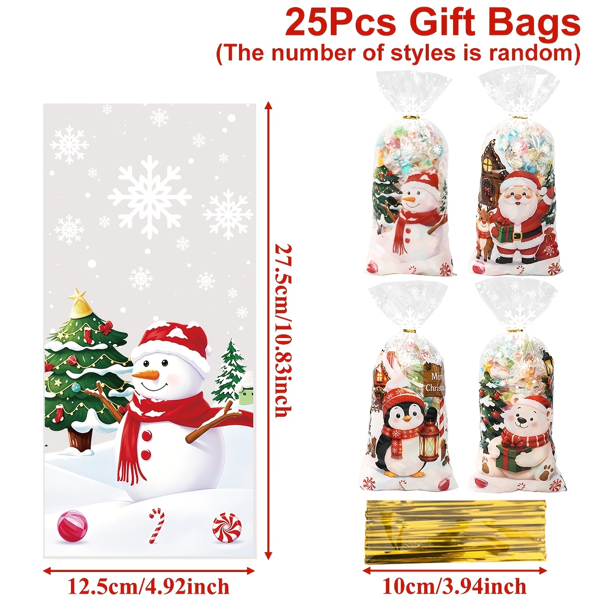TEMU 25pcs Transparent Christmas Gift Bags With Snowman & Santa Claus Suitable For Xmas, New Year, Navidad Decorations - Pp Plastic Party Favor Bags