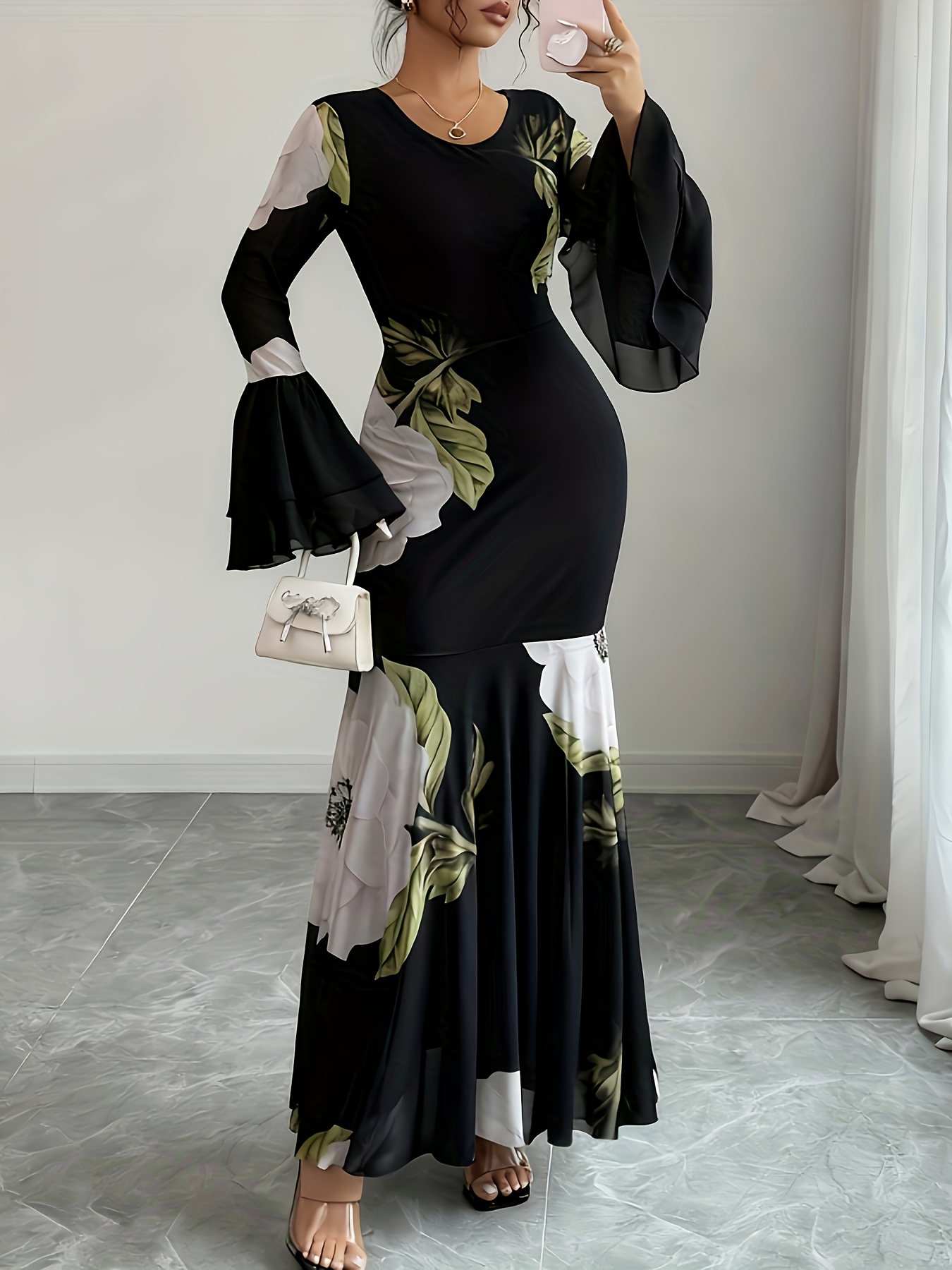 immagine dell'articolo abito   da donna elegante con stampa   in rete,  , volant,  , a   di pesce, maniche lunghe e vita