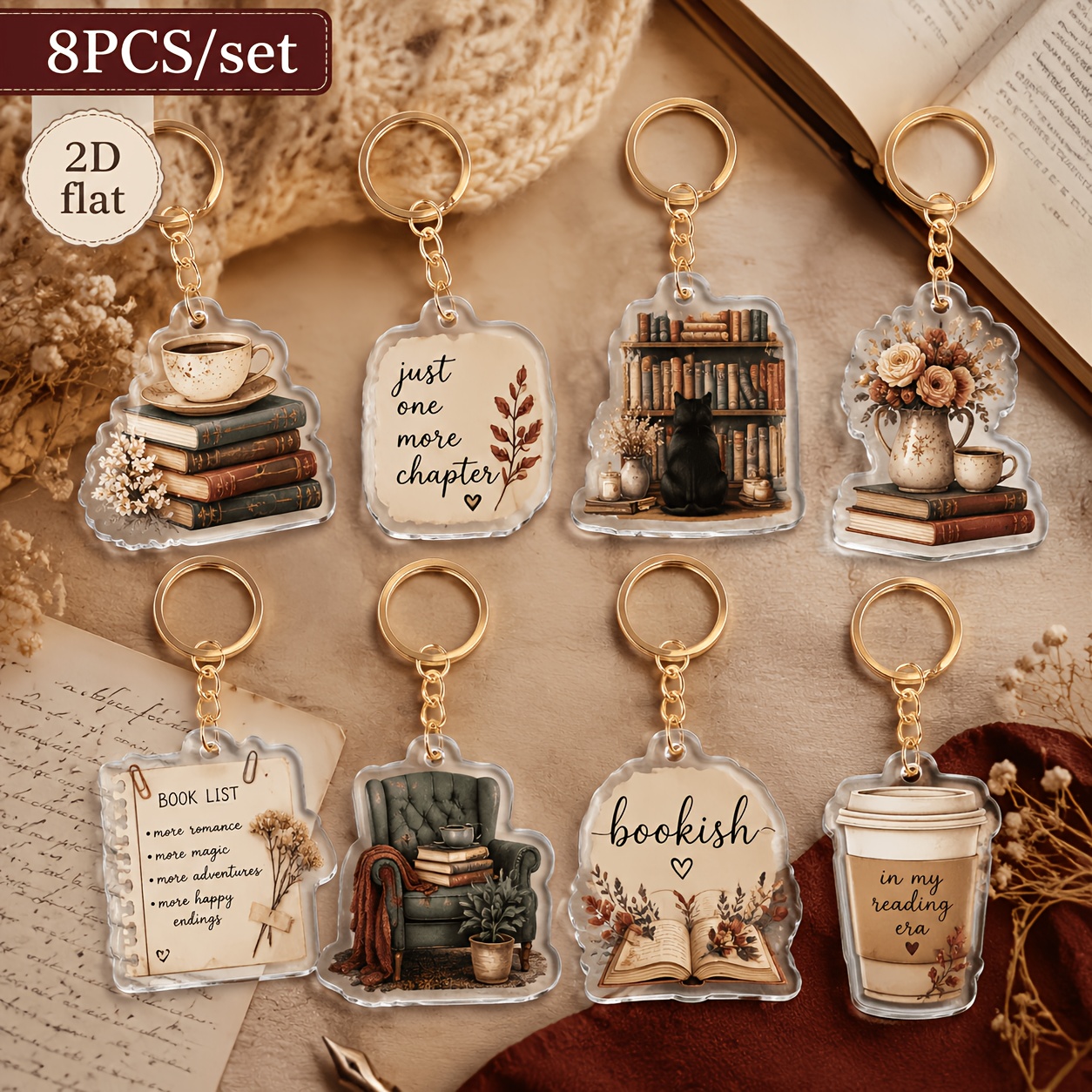 TEMU 2d Flat - 8pcs Cute Bookworm Aesthetic Keychains, Cozy Reading Scene Acrylic Key Rings, Gift For And Literature Lovers