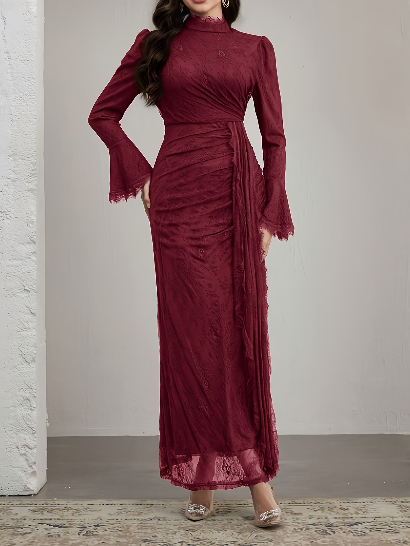 elegant long sleeve lace dress with ruffle neckline and belted waist stand collar long length suitable for     Product details 8