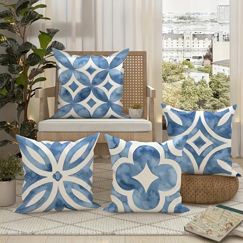 TEMU 4-pack Modern Geometric Navy Blue And White Abstract Polyester Throw Pillow Covers For Living Room, Bedroom, Sofa - Style, Machine Washable,