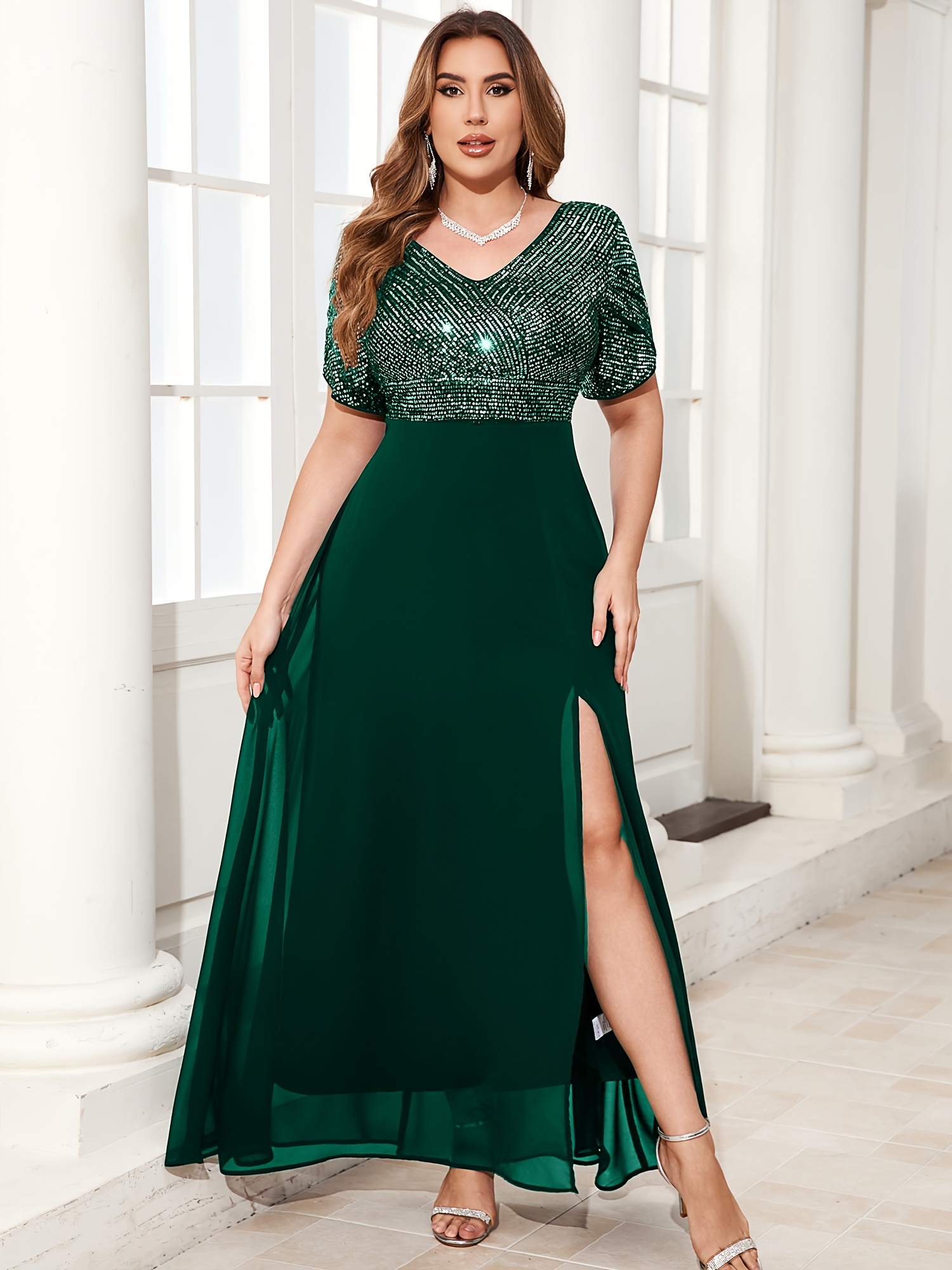 slim fit dress slacks All Over Sequin Plus Size Green Maxi Dress main image 1