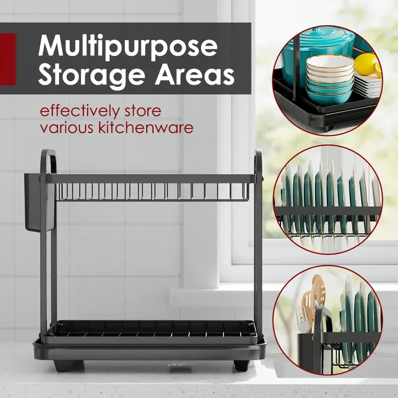 2 tier metal dish drying rack with utensil holders knife slots large capacity stainless steel kitchen counter organizer for dishes bowls cookware saving design for 3 4 person households dish drying rack for kitchen counter drying racks Product details 1