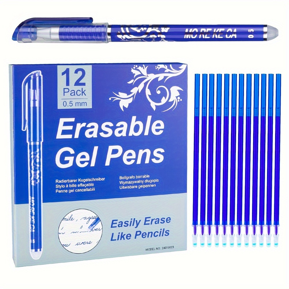 

12pcs Erasable Pens, 12 Erasable Gel Pens And 20 Refilled 0.5mm Pointed Rubber Erasers For Office Stationery Gifts - Blue