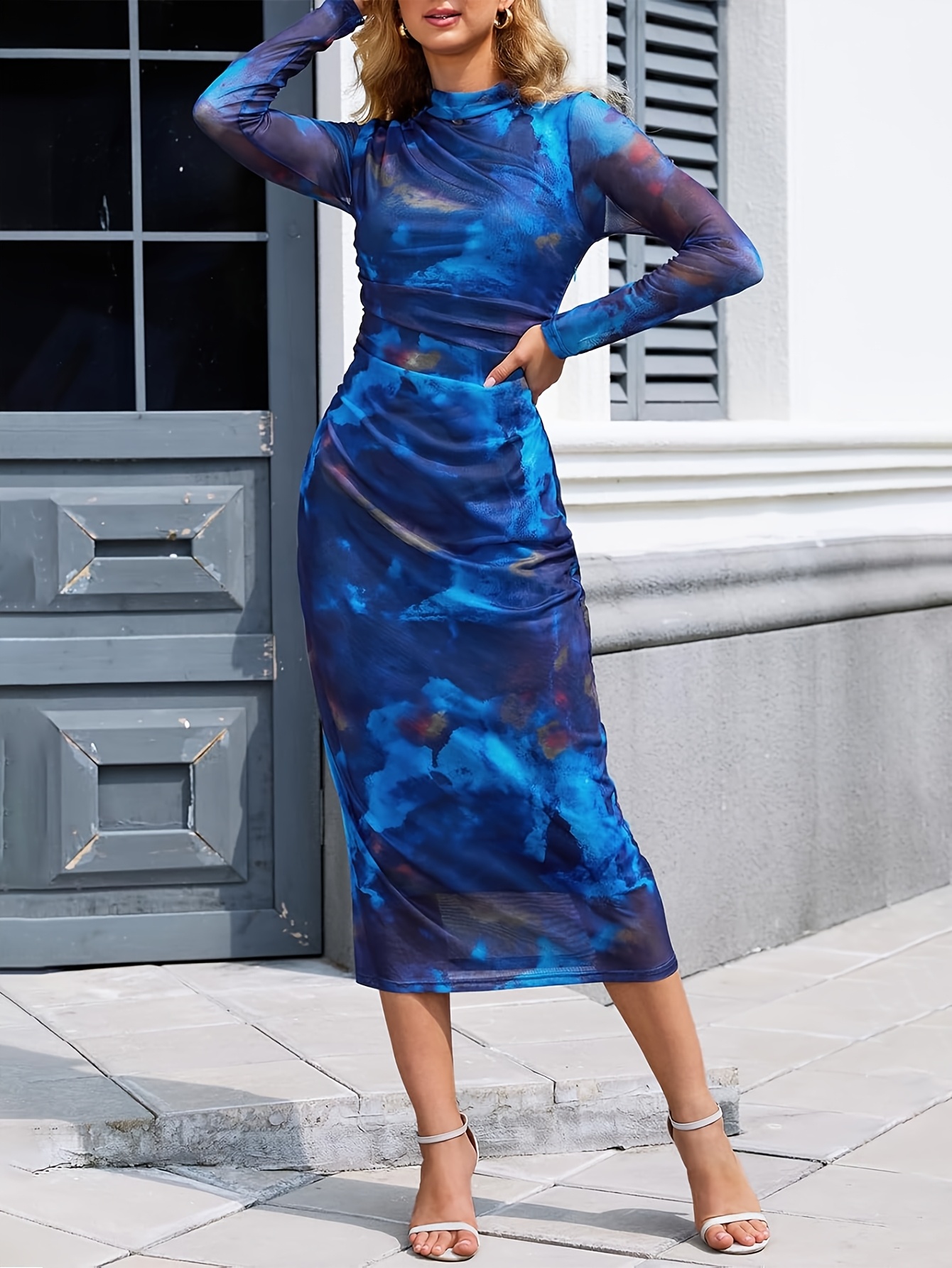 womens long sleeve tie dye dress a fitted round neck mesh - Temu Bahrain