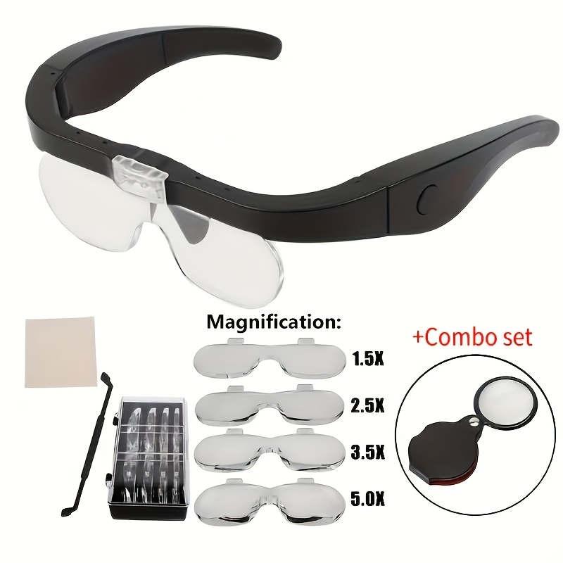 Head Mounted Magnifier And Mini Folding Magnifier Set (2-pack), Head Magnifier With 2 Led Lights And Detachable Lenses, For Reading And Hobbies (no Battery)
