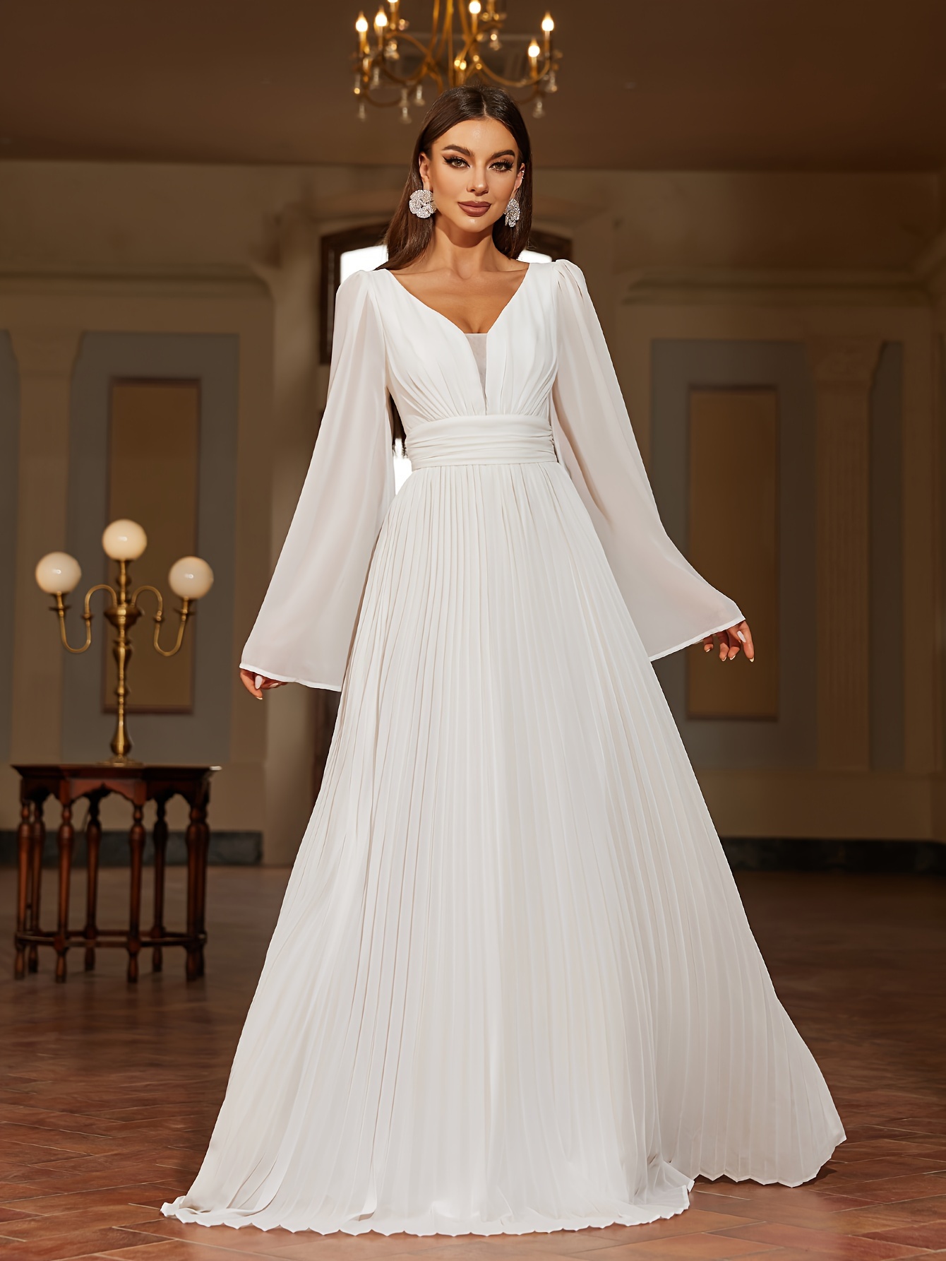 solid v neck pleated sweep train dress elegant flare sleeve Temu