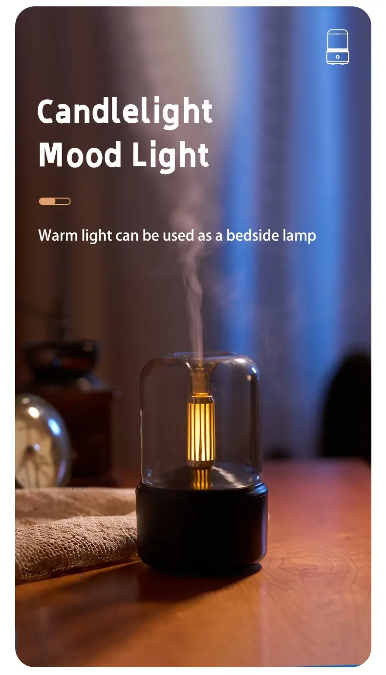 essential oil diffuser with simulated candlelight water shortage power outage protection ultrasonic atomization suitable for 10 20m usb powered key control no battery included details 5