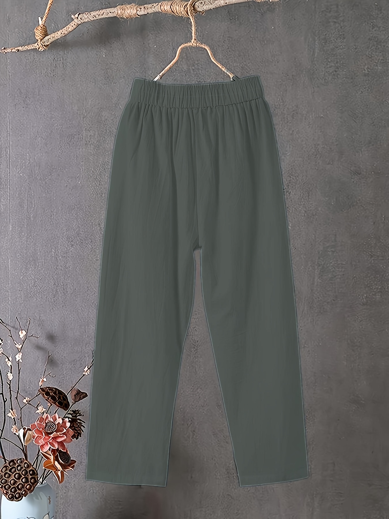 Women's Plus Size Lightweight Straight-Leg Pants - Casual White Harem Style, Elastic Waistband, Polyester, Machine Washable for Spring/Summer/Fall