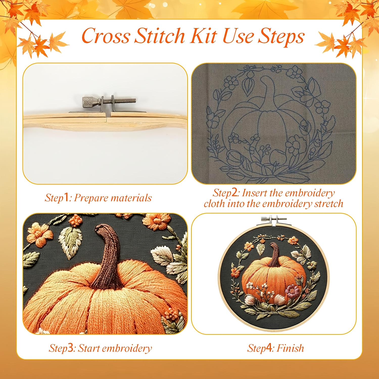 Complete Beginner Pumpkin Embroidery Set, DIY Handmade Kit
