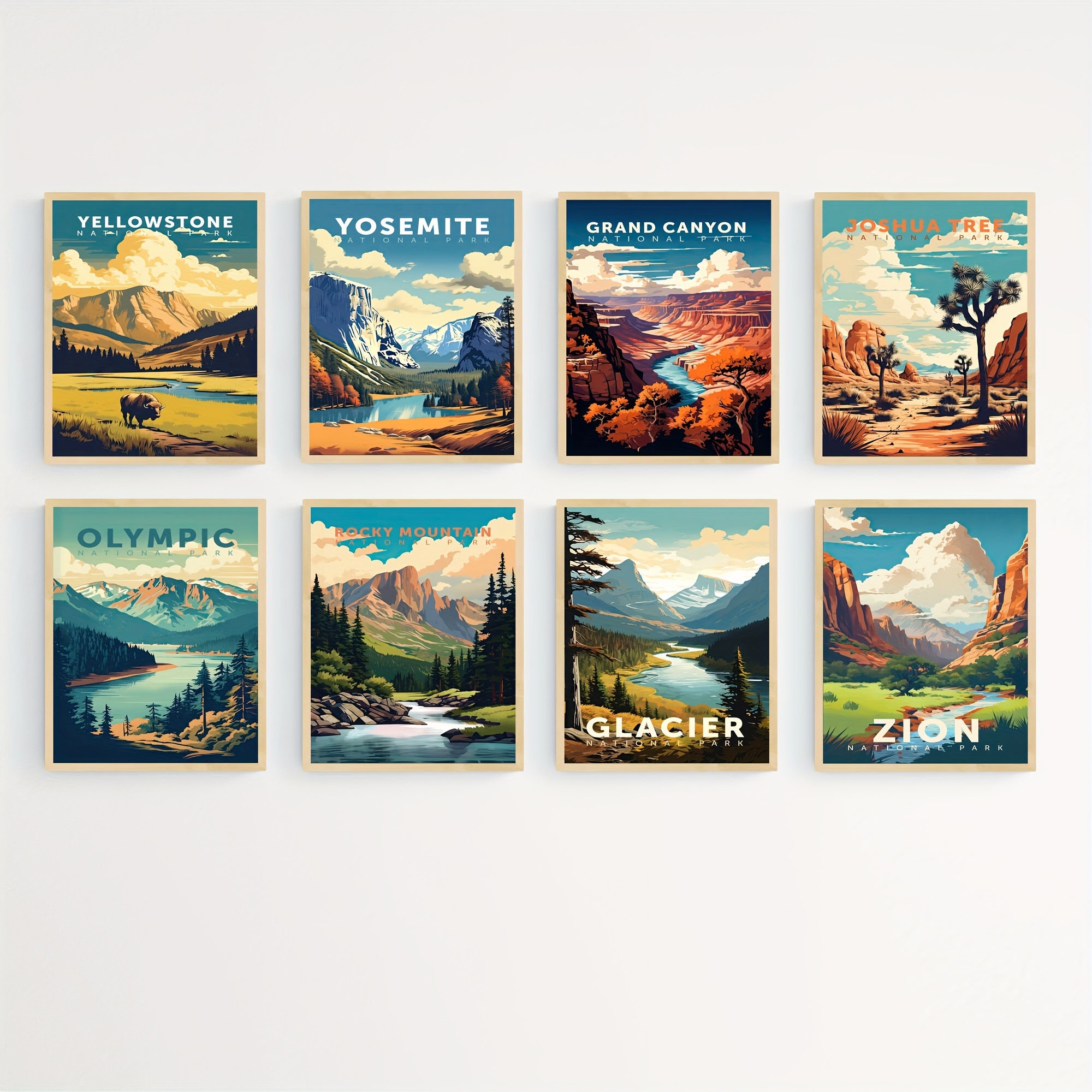 

8pcs Vintage , Prints Nature Wall Art Mountain Landscape Print Set Yellowstone Canvas Painting, Retro Wall Picture Living Room Decor Frameless