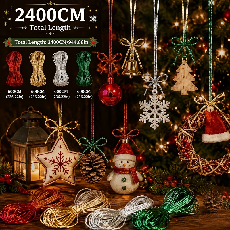 TEMU 4pcs Of Christmas Metal Glitter Strips, 2400cm 26.25 Yards, Shiny Golden, Silvery, Red And Ropes, Gift Box Wrapping Strings, Hanging Label