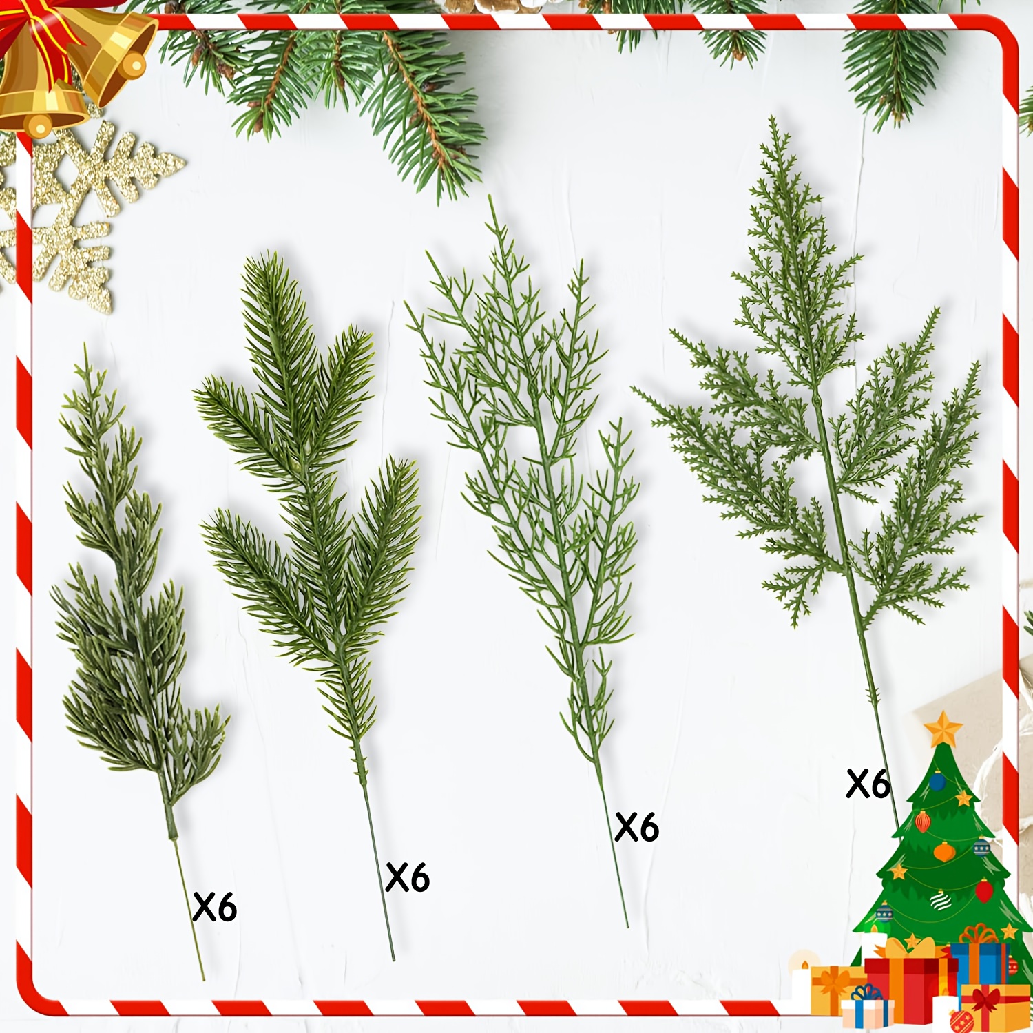 Image of 24pcs Artificial Pine Branches Assorted Faux Pine Stems Cedar Leaves Needle Plastic Fake Christmas Greenery Pine Picks For Xmas Tree Wreaths Garlands Additions Home Decor