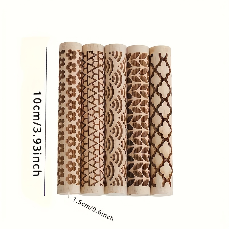 TEMU 5pcs Floral Pressing Rolling Stick Set - Oak - Pattern Rolling Sticks For Baking, Pottery, And Handicrafts - Multi-functional Texture Carving