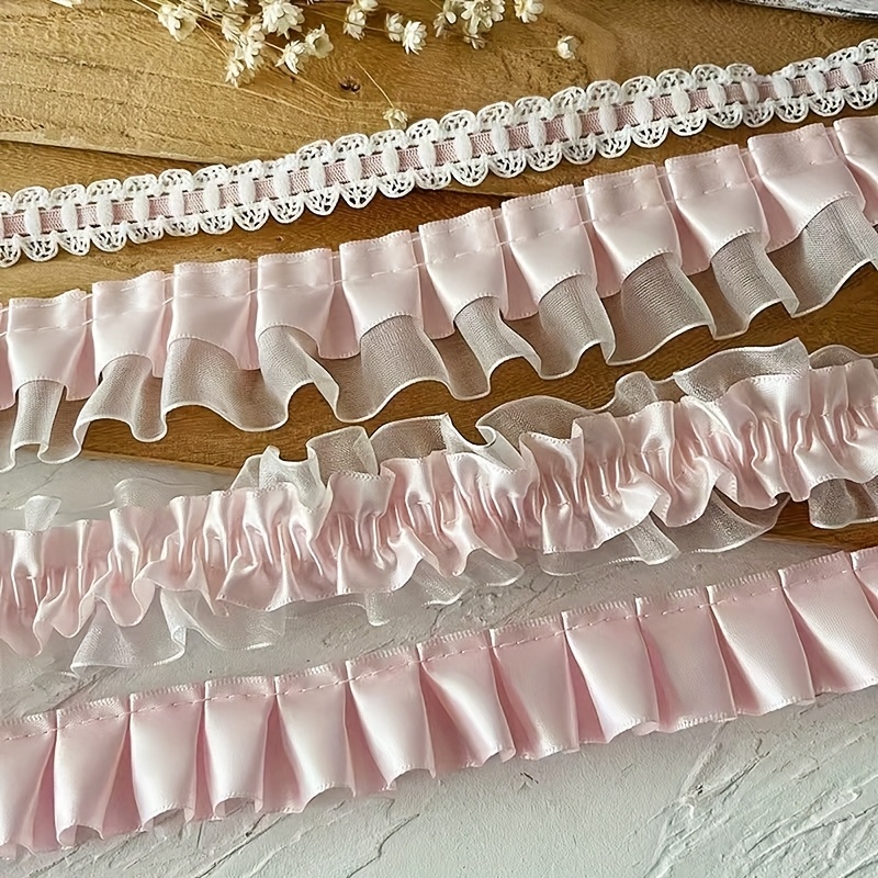 TEMU Mixed 4pcs Set, Pink Satin Tulle Ribbon Lace Trim, Home Decor Curtain, Sofa Cover, Wedding Dress Material, Lace Hair Accessory Material, 1 Yard