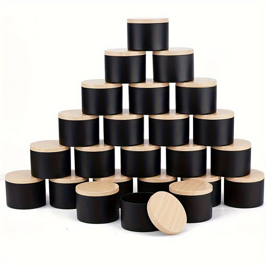 

24-pack Metal Candle Tins With Wood Grain Lids - 8oz Black Candle Making Jars For Diy Crafts, Storage, And Gifts - Airtight Containers With