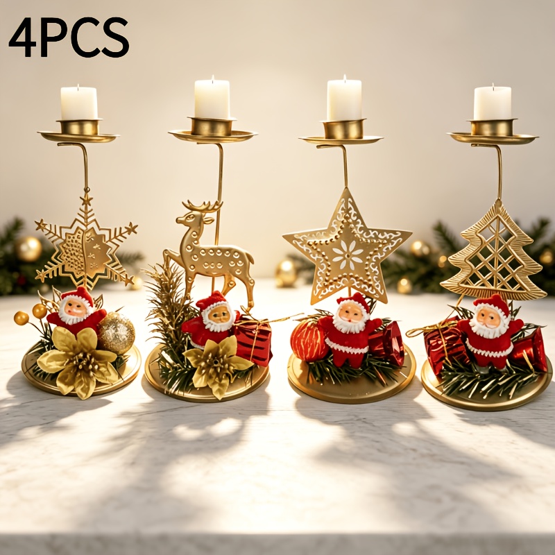 TEMU 4er-Set Weihnachts-Kerzenhalter aus Metall, dekorative Kerzenständer mit Weihnachtsmann-Motiv, festliche Tischdekoration, Weihnachts-Tischdeko,