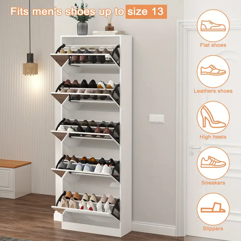 shoe storage cabinet with 5 flip mirrored drawers double rack shoe storage cabinet shoe organizer cabinet for entryway living room and shoe cabinets white Product details 1