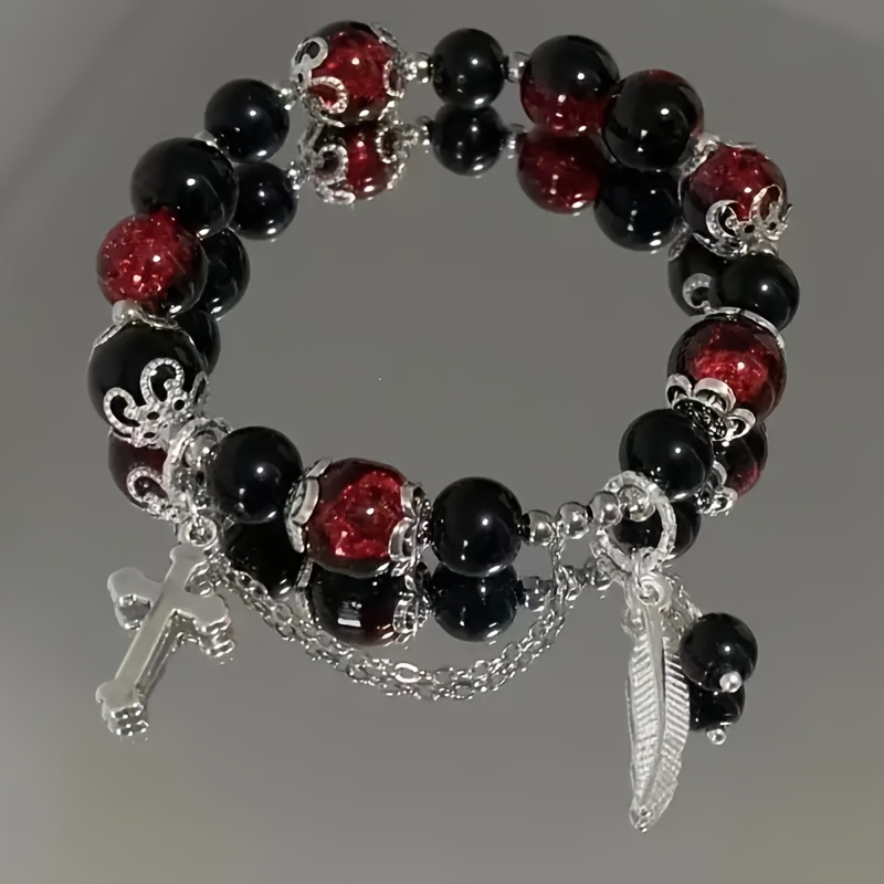 

Gothic Vintage Beaded Charm Bracelet With Feather And Cross Pendant, Black And Red Glass Beads, Adjustable Chain, Unisex Jewelry Accessory For Punk Rock Style Outfits