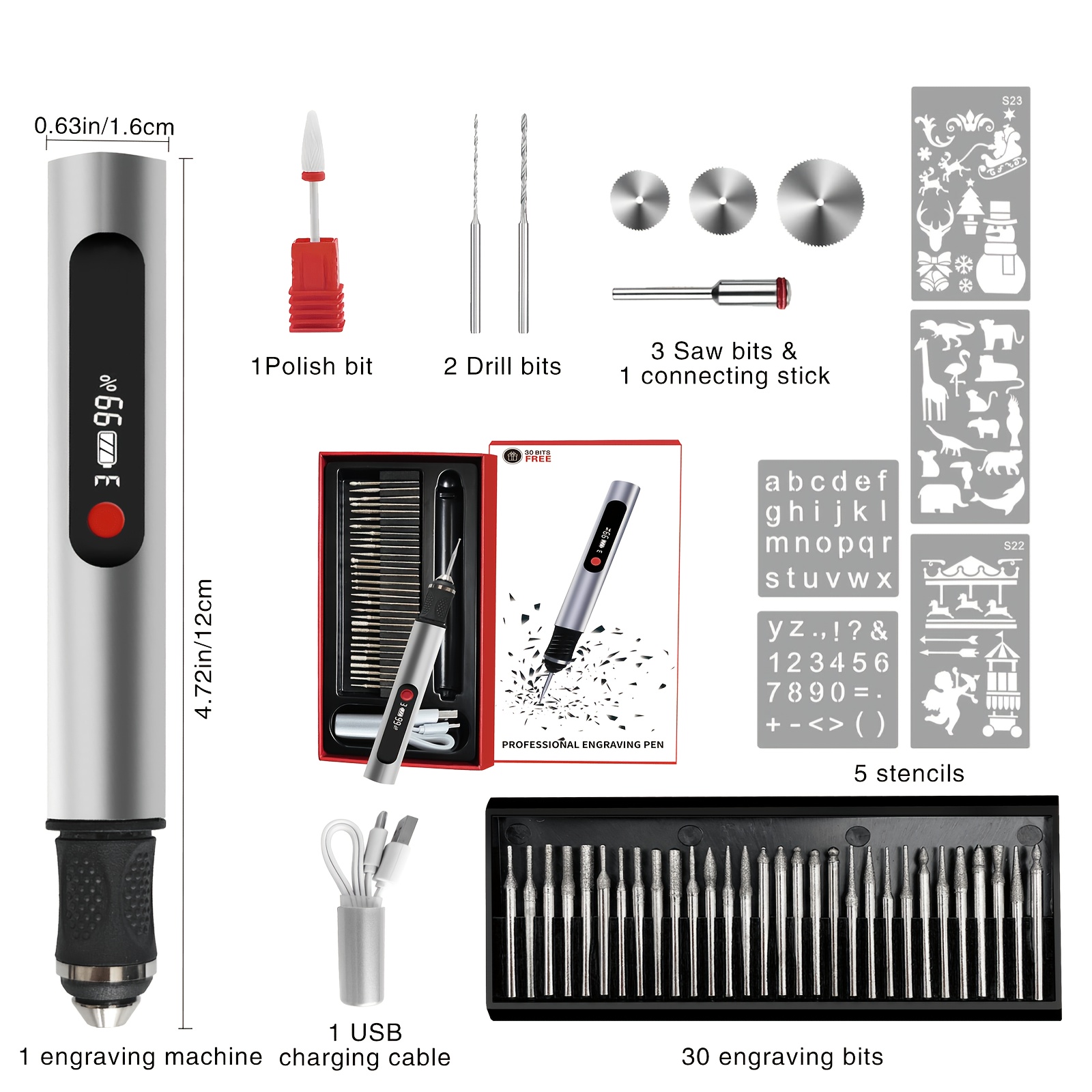 TEMU 43pcs Cordless Engraving Pen Rotary Tool Kit, Usb-c Rechargeable 3-speed Adjustable Diy For Wood/glass/metal/jewelry/nail Art Polishing Drilling