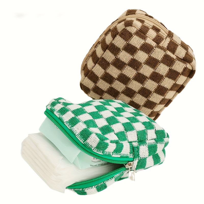 

1pc Zipper Mini Sanitary Napkin Bag Lightweight Knitted Checkerboard Pattern Cosmetic Storage Bag Small Makeup Bag Great For Travel & Outdoor
