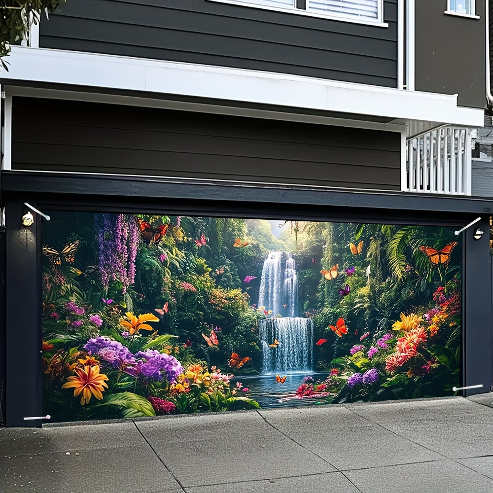2D Flat - 2D Door Banner, 1pc Psychedelic Forest Waterfall Garage Door Banner - Vibrant 2D Flat Print, Large Polyester Fabric, Easy Hanging Installation, Perfect for Weddings, Parties & Outdoor Decor, Waterfall Wall Decor