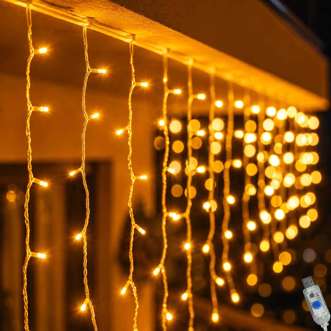 TEMU Luces de carámbanos navideñas con alimentación USB, 100/190 LED, 7 , cortina de luces de con , luces de cadena colgantes para exterior IPX4 para